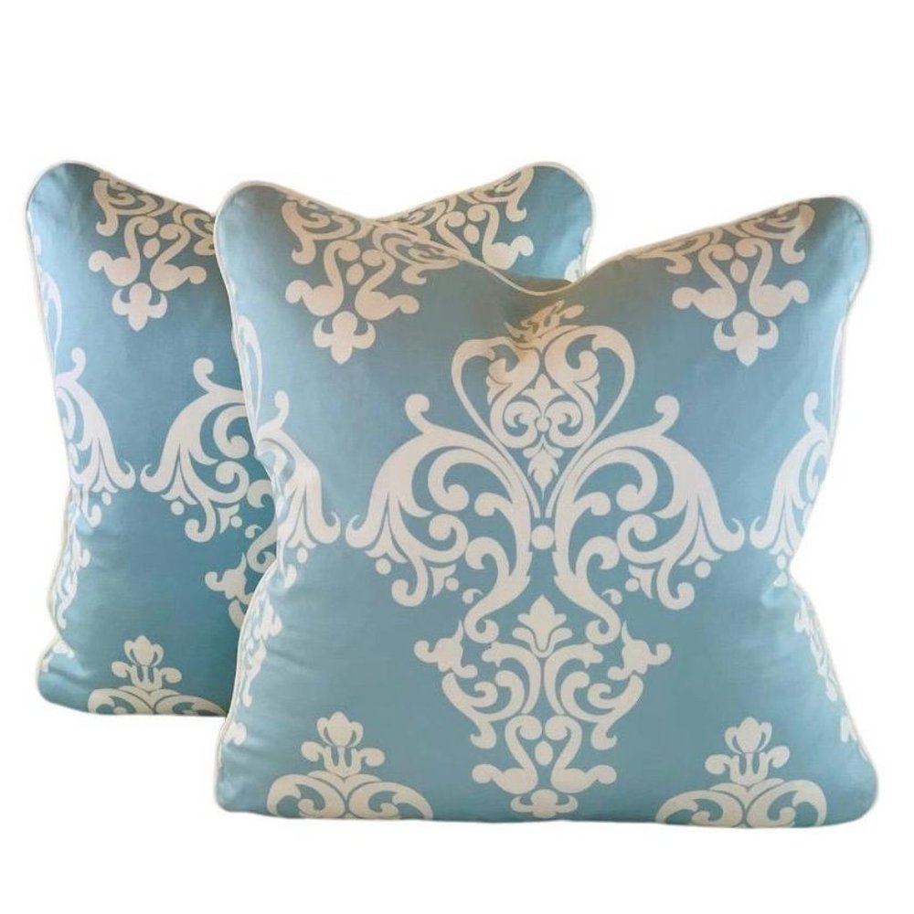 Pair Vicki Payne Free Spirit Aqua Damask Fleur De Lis Scroll Pillow Covers